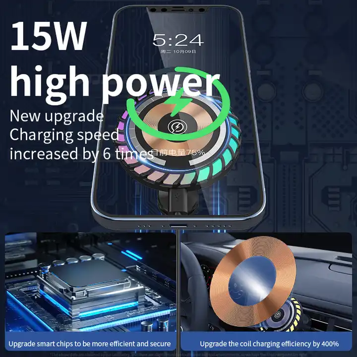 15W Wireless Car Fast Charger with 360 Degree Rotation and Heat Dissipation Design