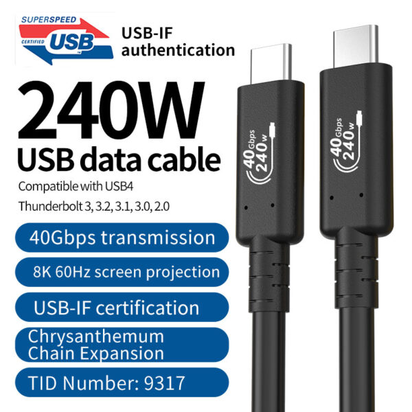 USB 4.0 Cable PD 240W 40Gbps 80Gbps Type C Usb Fast Charging Date HD Video Transfer Cables