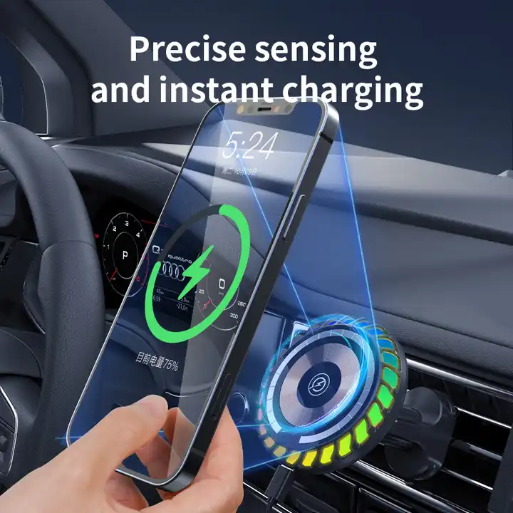 Magnetic Wireless Car Charger Mounted on Dashboard Charging Smartphone During Driving