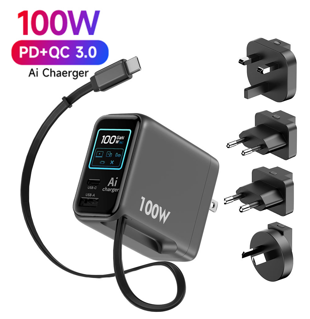 TRANGJAN 70W-100W GaN Fast USB Charger Type-C Retractable Cable 3 Ports AI SMART CHARGING with TFT Display Foldable Design - Image 2