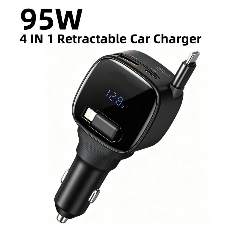 95W PD 3.0 QC3.0 Fast Charging 4-in-1 Portable USB-C Retractable Car Charger LED Digital Display 2 Cables Adapter Laptop