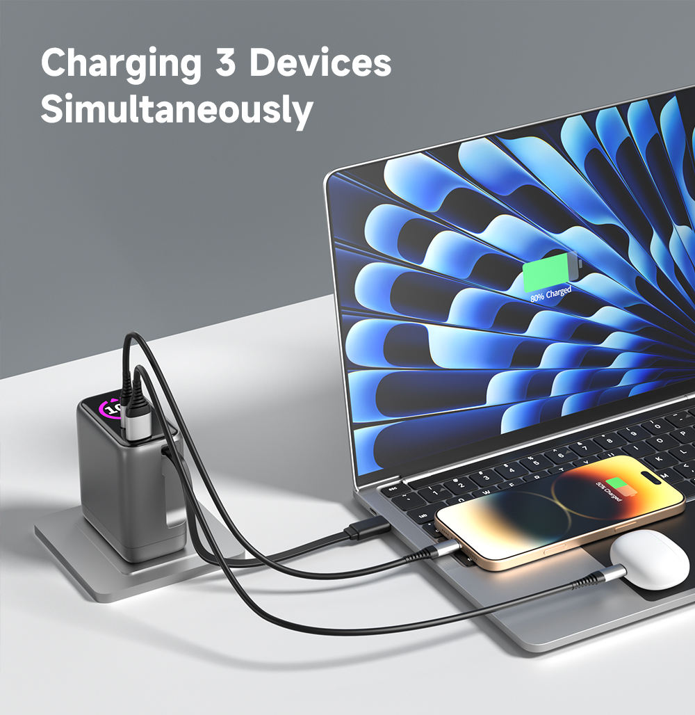 TRANGJAN 70W-100W GaN Fast USB Charger Type-C Retractable Cable 3 Ports AI SMART CHARGING with TFT Display Foldable Design - Image 3