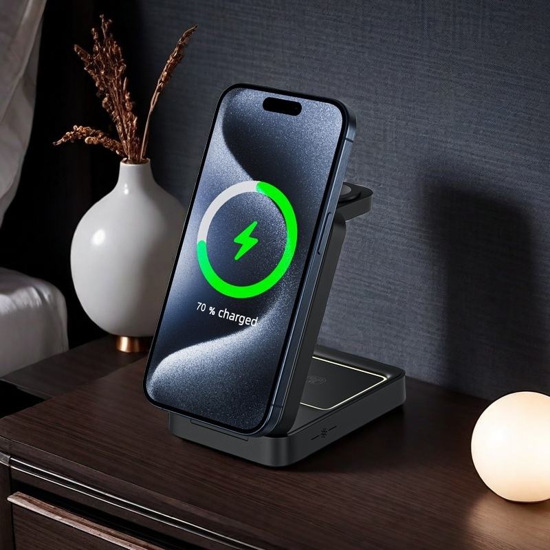 3-in-1 Magnetic 15W Foldable Fast Charging Wireless Charger with Lamp for Phone Smart Watch PC Material iPhone 17/16/15/14/13/12 - Image 3