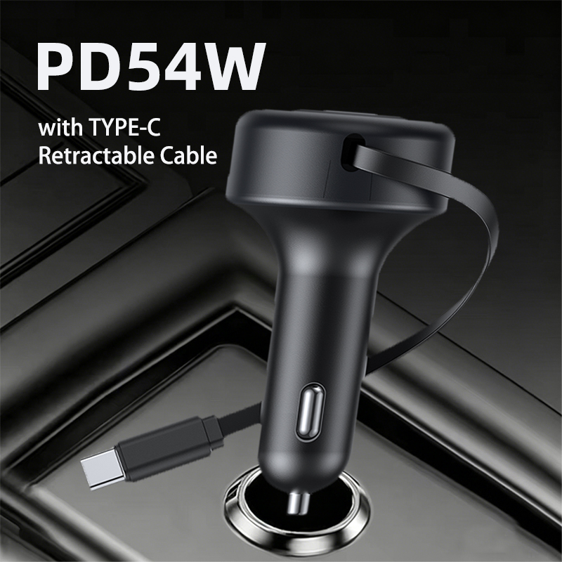 54W PD 3.0 Fast Charging USB Car Charger with Retractable Type-C Cable - Image 2