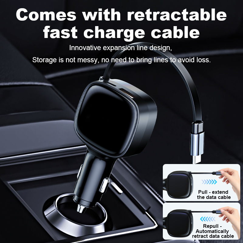 95W PD 3.0 QC3.0 Fast Charging 4-in-1 Portable USB-C Retractable Car Charger LED Digital Display 2 Cables Adapter Laptop - Image 2