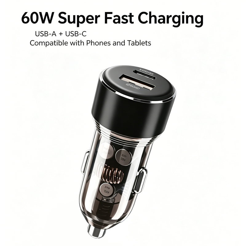 60W PD QC3.0 2-Port USB Type-C Aluminum Alloy Car Charger with 5V/2A Input Fast Charging Universal Mobile Phone Adapter