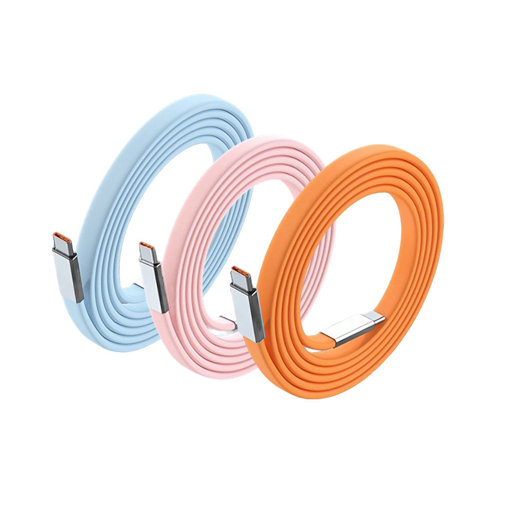 Super Fast Charging Dual USB-C to Type-C 1m Silicone Flat Cable 6A Fast Charger for iPhone Mobile Phone/Tablet