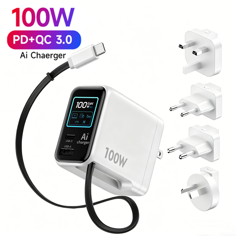 TRANGJAN 70W-100W GaN Fast USB Charger Type-C Retractable Cable 3 Ports AI SMART CHARGING with TFT Display Foldable Design