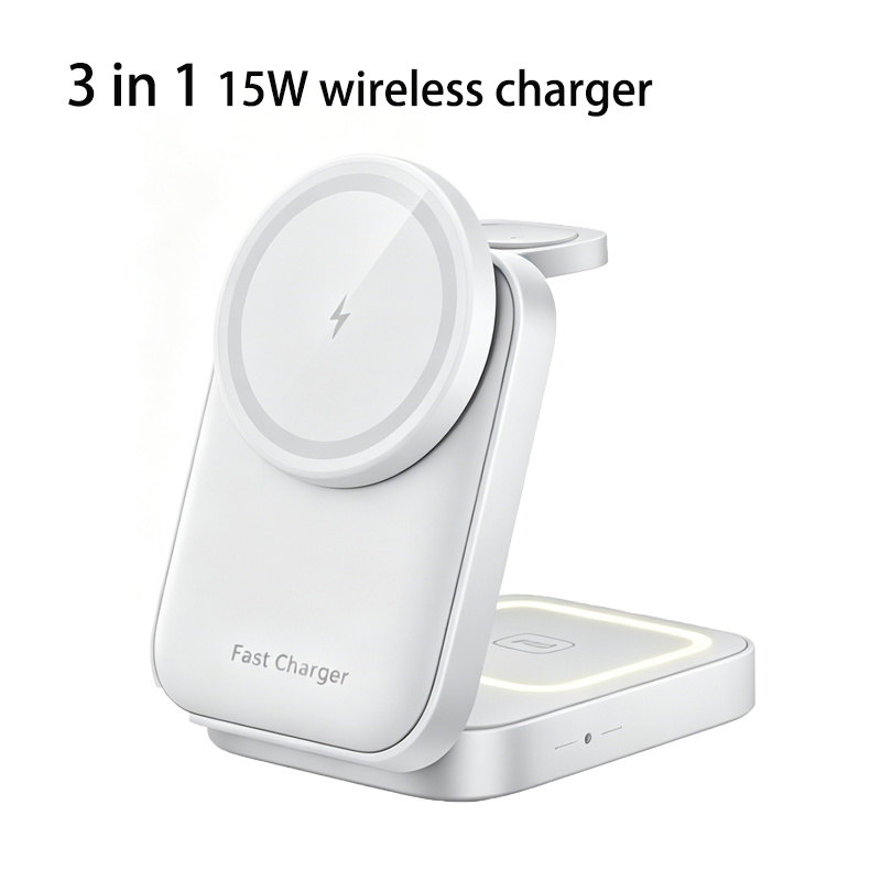 3-in-1 Magnetic 15W Foldable Fast Charging Wireless Charger with Lamp for Phone Smart Watch PC Material iPhone 17/16/15/14/13/12