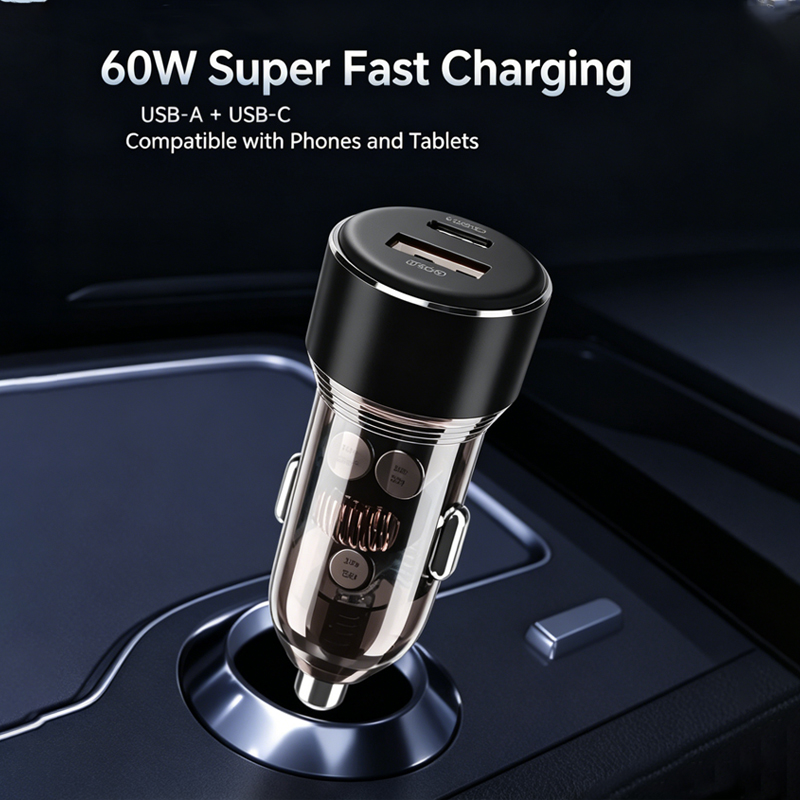 60W PD QC3.0 2-Port USB Type-C Aluminum Alloy Car Charger with 5V/2A Input Fast Charging Universal Mobile Phone Adapter - Image 2