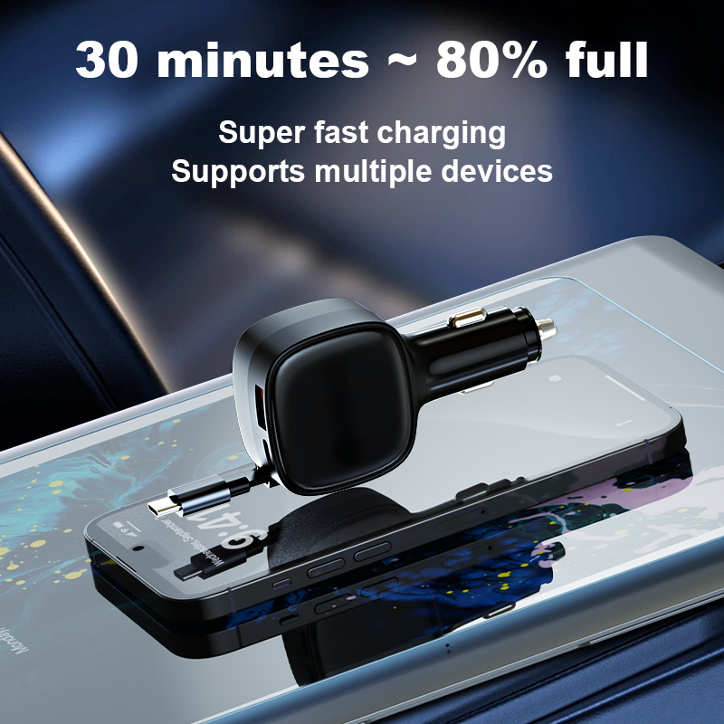 95W PD 3.0 QC3.0 Fast Charging 4-in-1 Portable USB-C Retractable Car Charger LED Digital Display 2 Cables Adapter Laptop - Image 4